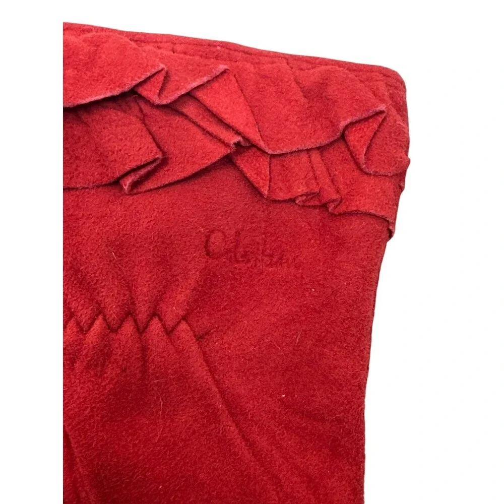 Cole Haan Red Suede Ruffle Cuff Gloves 100% Cashmere Lined womens size Medium